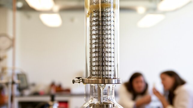 Flavor compound distillation column with condensing vapor in sharp focus and blurred technicians behind. Concept of biotech flavor production.