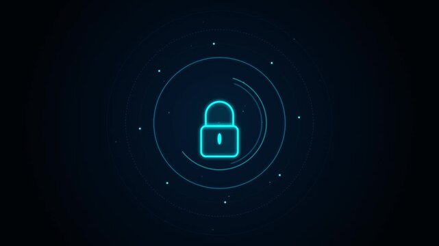 Glowing blue digital lock icon spinning inside complex technological motion graphic footage for cybersecurity background concepts