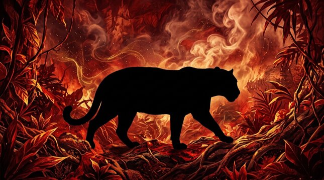 Abstract black panther silhouette in a burning crimson jungle