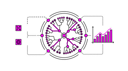 Obraz premium Circular network diagram illustration displaying interconnected nodes and branching data structures with vibrant magenta accents on a crisp white background