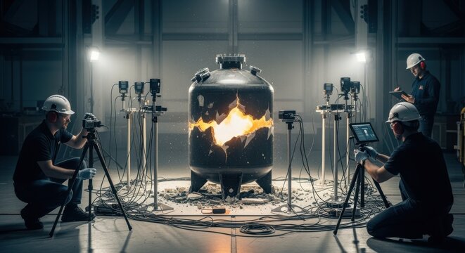 Researchers collecting safety and structural data from carbonfiber cryogenic tank during controlled explosive burst test in secure facility.