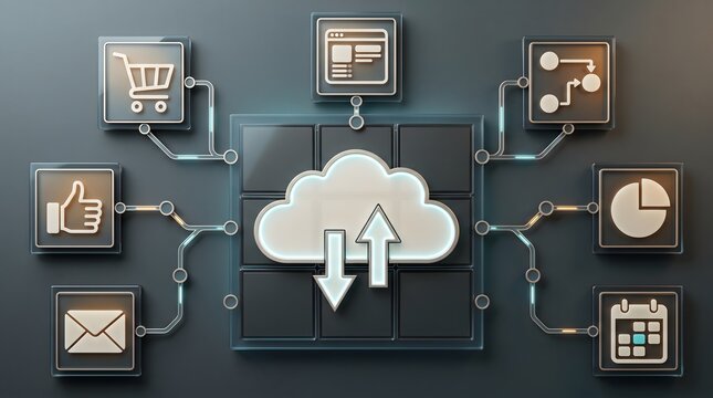Secure cloud computing network showing glowing digital infrastructure connecting enterprise business applications on dark interface