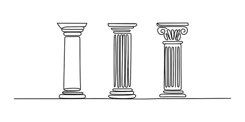 Fototapeta premium Three different styles of classic greek columns and roman pillars set drawn in a simple minimalist black line art style on a clean white background design Vector, illustration