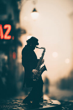 Saxophonist plays music in the street at night with warm lights and a foggy atmosphere
