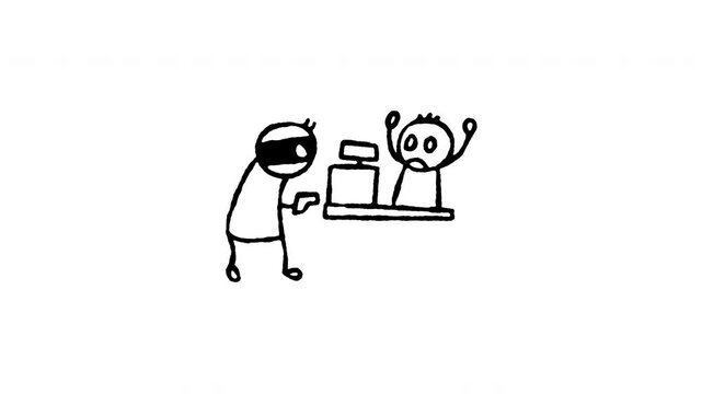 Hand drawn 4K robber holding gun at cashier doodle animation with boiling line movement. Frame by frame line art on black and green screen backgrounds for store robbery, hold up, and armed thief.