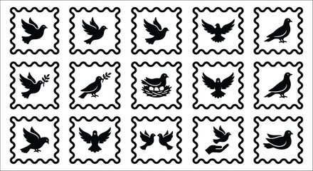 Fototapeta premium Collection of bird silhouettes within decorative postage stamp frames on a white background avian birds