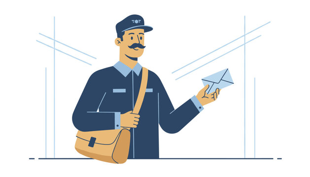 Friendly retro style mailman wearing a blue uniform and cap, carrying a leather bag while holding a white envelope.