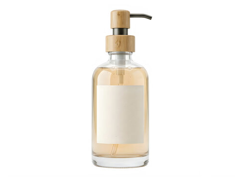 Glass soap dispenser with bamboo pump and blank label isolated on transparent background