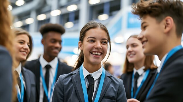 Teen students build networking experience at a trade show, practicing communication, meeting people, and exploring future career paths.