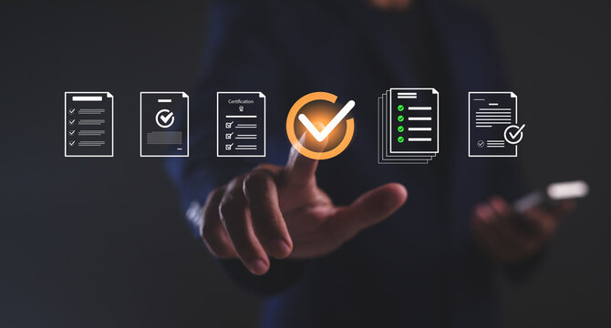 A person interacts with virtual checklist icons, highlighting completion and task management concepts.