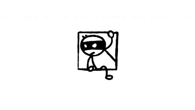 Hand drawn 4K thief climbing through window doodle animation with boiling line motion. Frame by frame outline on black and green screen backgrounds, perfect for house burglary, sneaky intruder.