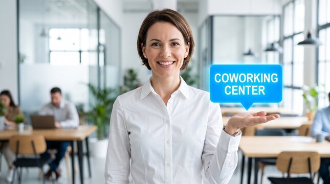 Professional businesswoman holding coworking center sign, female entrepreneur in modern open plan office, corporate manager in bright workspace