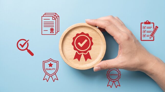 Quality assurance certification concept, hand holding wooden seal with checkmark icon, standard compliance and business excellence symbols