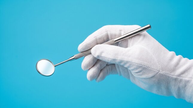 Dental mirror held by gloved hand on blue background, professional dentist tool for oral examination, stainless steel medical equipment