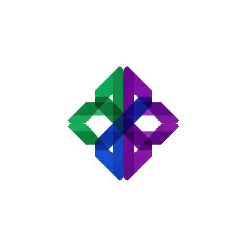 Abstract geometric logo featuring interlocking translucent green, blue, and purple ribbons forming a diamond cross shape on a white background. Minimalist vector graphic design.