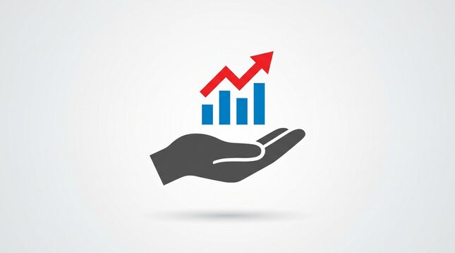 Business growth icon with hand holding rising bar chart, financial success and profit increase concept, corporate investment and economic progress symbol
