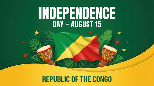 Festive Republic of the Congo Independence Day August 15 poster with waving green yellow red national flag, traditional drums and stars celebrating freedom, unity and cultural heritage