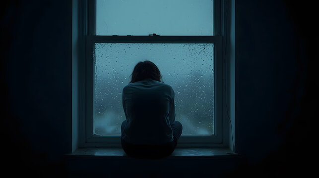 Depressed woman by dark rainy window