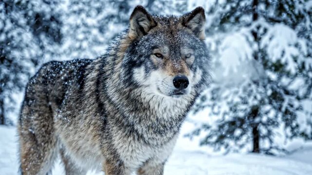 Gray Wolf Standing Alert in Snowy Forest During Light Snowfall
