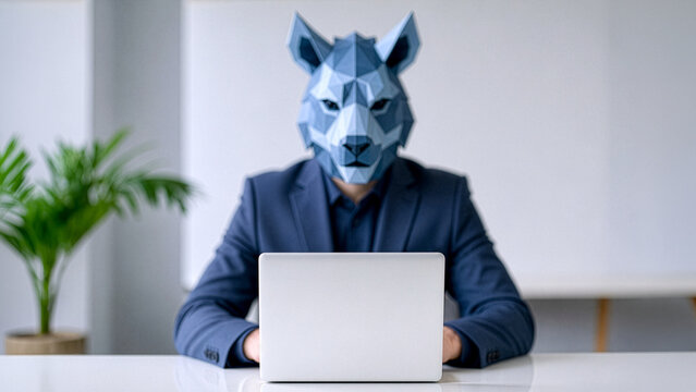 Blurred man in a suit wearing a low-poly blue wolf mask, sitting at a white desk in a minimalist office with a potted plant, typing on a laptop with a softly background. Focus foreground laptop.