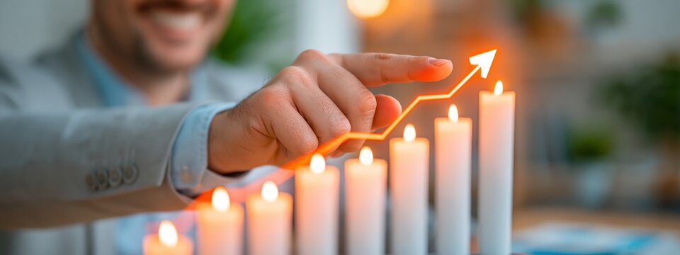 Businessman pointing at rising illuminated bars with an upward arrow, symbolizing financial growth, investment success, profit and positive business performance.