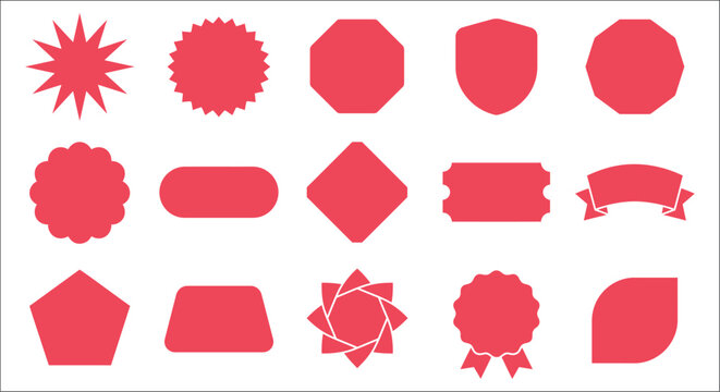 Collection of red geometric and floral shaped silhouettes on a white background badge banner burst