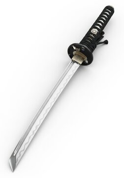 Traditional Japanese Samurai Tanto Short Sword with Black Hilt and Sharp Steel Blade Isolated on White Background