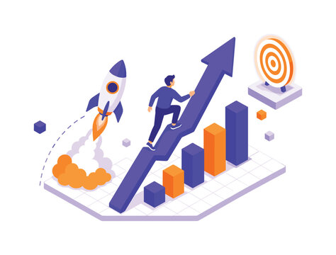 Man climbing arrow graph towards target with rocket launching in background