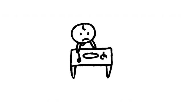 4K animated lonely person at dining table doodle icon featuring boiling line motion. Frame by frame line art on black and green screen chroma key background for solo eating, depression, solitude.
