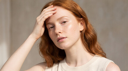 Fototapeta premium Beautiful Irish Woman Touching Forehead in Minimalist Skincare Ad