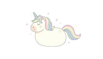Naklejka premium Cute chubby unicorn with pastel rainbow mane and tail floating happily surrounded by colorful sparkling stars.