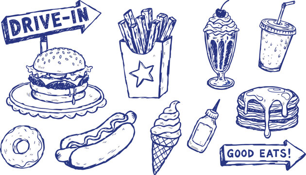 Doodle collection of drive-in food items with signs in a simple blue ink style on white background for retro diner concepts