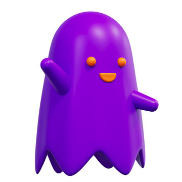 Halloween cute ghost 3d render. Flying cartoon character scary smile face
