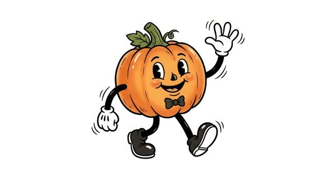 A cute vintage style cartoon pumpkin character waving hello while walking isolated on a white background for fun autumn holiday designs