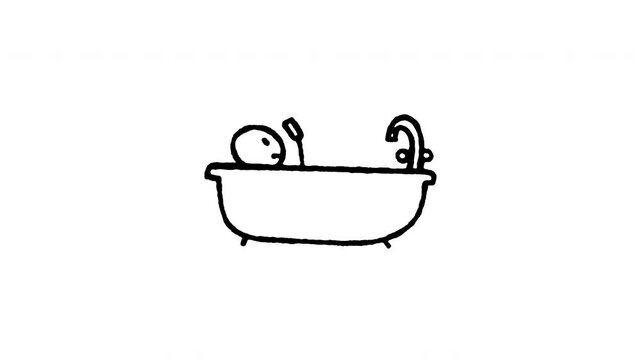 Animated 4K person relaxing in bathtub with phone doodle icon with line boil effect. Hand drawn line art on black and green screen backgrounds for self care bath, smartphone, spa relaxing edits.