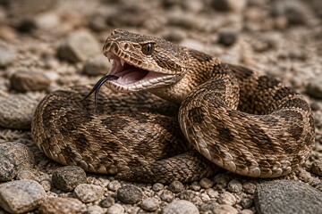 Fototapeta premium Coiled rattlesnake displaying tongue on rocky ground