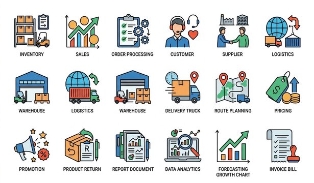 Distributor management system icon set with inventory sales order logistics warehouse delivery analytics and invoice vector symbols on white background
