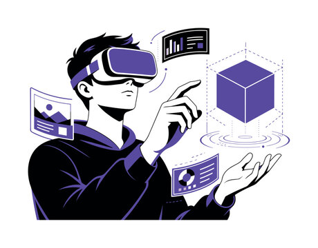 Man wearing VR headset interacting with digital interface and 3D cube