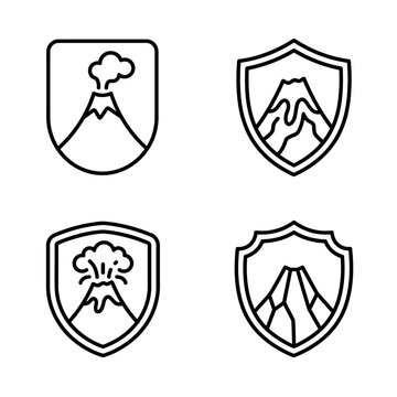 Decorative volcano shield icons with mountain peaks and smoke details.