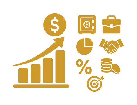 Golden financial icons representing growth, security, and success