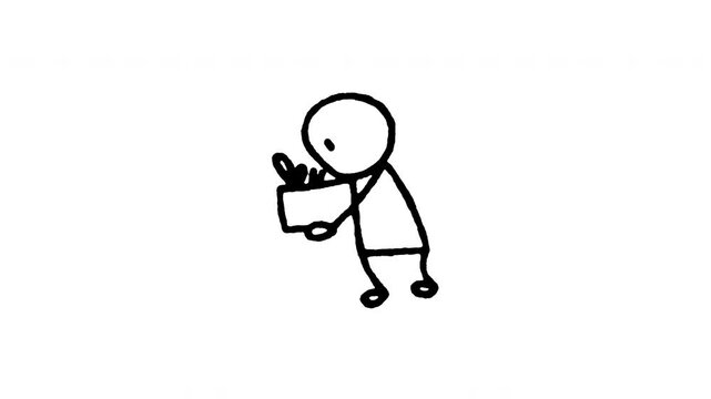 4K hand drawn resigned employee carrying office box icon featuring boiling line animation. Frame by frame line art on black and green screen backgrounds for resignation, quitting job, packing up.