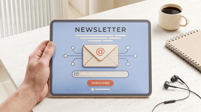 Modern email newsletter subscription interface on digital tablet showing internet marketing and communication strategy