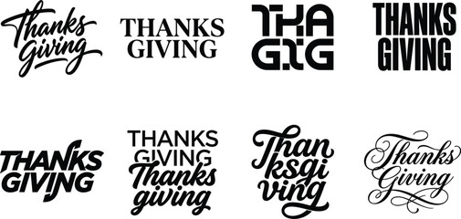 Fototapeta premium Thanksgiving typography set. Collection of holiday lettering and festive text designs. A collection of Thanksgiving typography and festive holiday lettering.
