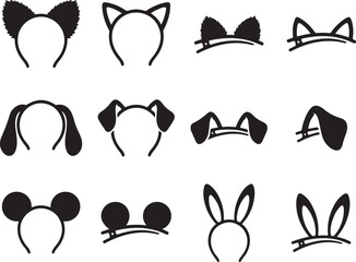 Fototapeta premium Animal ear headbands and hair clips vector set, 12 black silhouette costume accessories, cute cat and bunny ear headpieces