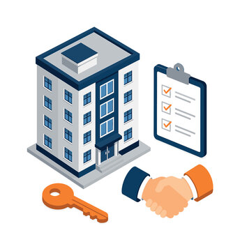 Real estate transaction with handshake, key, and checklist illustration