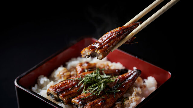 Unagi donburi grilled eel over rice in a traditional lacquer box
