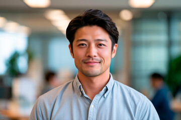 Fototapeta premium Portrait of young Japanese businessman sitting at modern corporate office desk