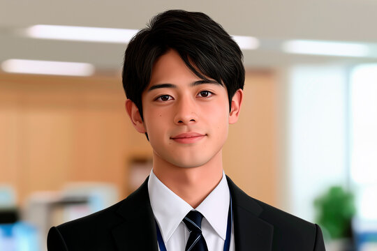 Portrait of young Japanese businessman sitting at modern corporate office desk
