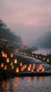 Many glowing paper lanterns floating on a dark river at night in the mountains