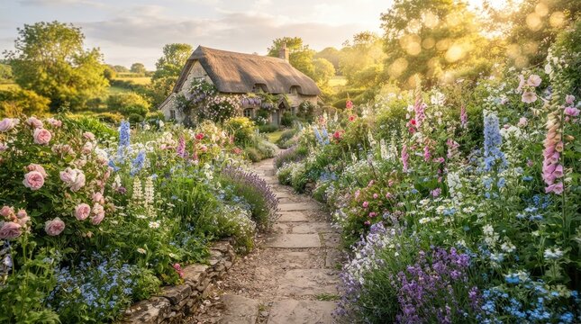 A picturesque cottage nestles within a vibrant, flower-filled garden.